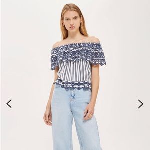 Topshop Blue and White Off the Shoulder Top